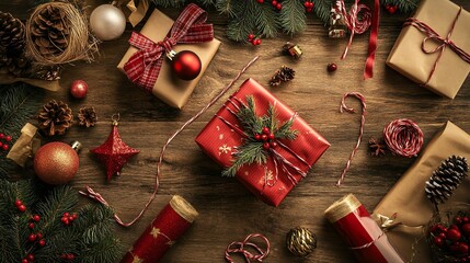 A vibrant holiday gift wrapping station featuring ribbons, colorful paper, and bows arranged on a rustic wooden table with realistic textures.