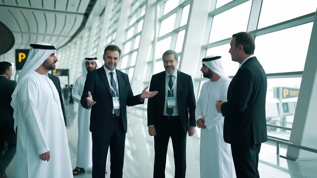 European and Arab business partners walking and discussing in modern exhibition hall