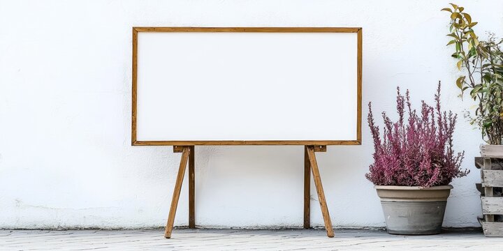 A wooden easel stands outdoors against a white wall, displaying a blank white poster board. A potted plant with purple flowers is positioned to the right of the easel - Powered by Adobe