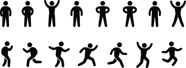 Set of 12 Black Stick Figure Icons Showing Different Poses and Actions Keywords: stick figure
