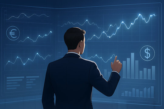 Financial analyst analyzing stock market data trends and investment strategy for business growth plan - Powered by Adobe