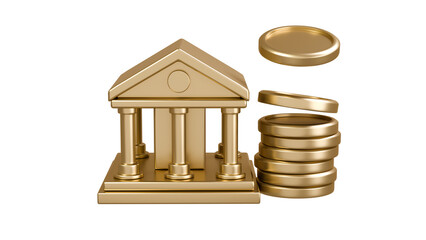 금 재질의 은행 건물 모델링과 쌓여져 있는 금화 동전
