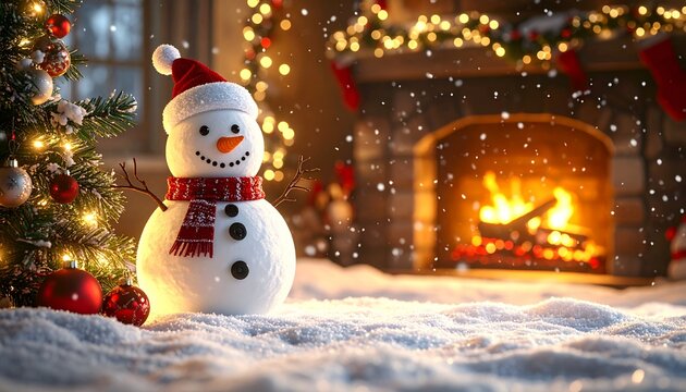 暖炉とクリスマス装飾に囲まれた冬のフォトリアルシーン