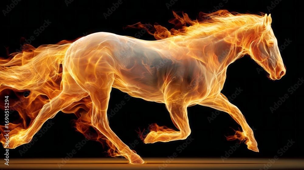 Poster glowing fire line creating the shape of a galloping horse in a dark background