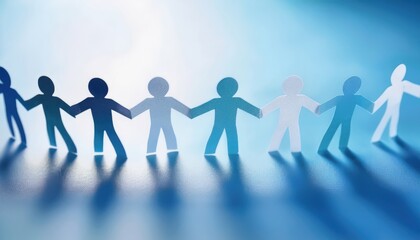 paper cutout people holding hands in glowing circle with long shadows on blue background symbolizing unity teamwork and community for banner or editorial illustration