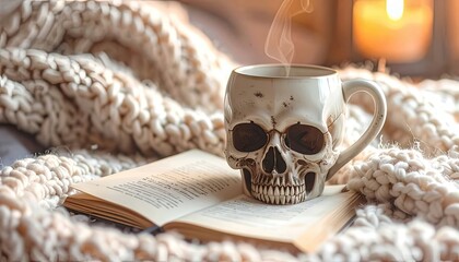Naklejka premium Skull Mug, Open Book, Warm Blanket, Indoor Setting, Relaxed Atmosphere
