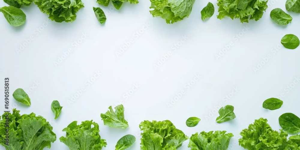 Poster A collection of fresh green lettuce leaves arranged in a horizontal frame against a white background. The leaves are scattered and overlapping, creating a visually appealing border. 