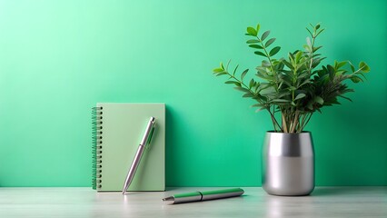 A minimalist workspace setup with a green notebook, silver pens, and a potted green plant against a vibrant green background