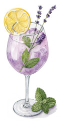 Illustration of watercolor lavender lemonade isolated on white background