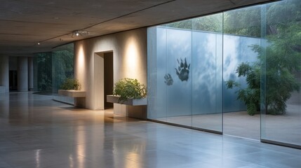 Fototapeta premium A modern hallway with polished floors and large glass windows showcasing an outdoor courtyard with etched handprints on the glass, plants, and muted light