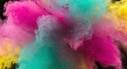 Vibrant explosion of colorful powder, creating a dynamic, abstract cloud against a black background.