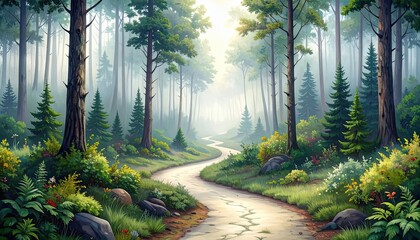 Serene Forest Path, Nature Landscape, Tranquil Environment, Scenic View, Lush Greenery