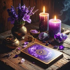 Mystical Tarot Reading Setup with Candles and Crystals in a Cozy Environment