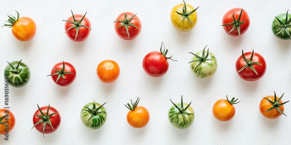 Poster a collection of colorful cherry tomatoes arranged in a symmetrical pattern on a white surface. the t