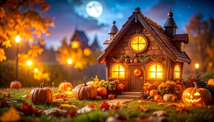 Obraz premium カラフルな落ち葉とチョコレートハウスの秋の風景