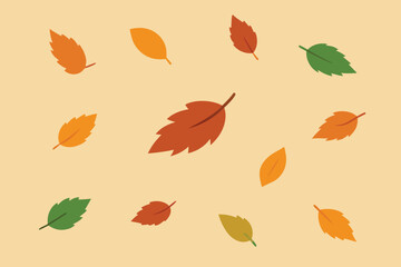 Obraz premium Vector art of a whimsical arrangement of colorful autumn leaves scattered across a warm beige background, evoking a sense of fall foliage and seasonal transition in natures palette
