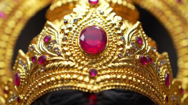 Close-up of a gold crown with rubies and intricate designs, symbolizing durga puja, against a dark background.