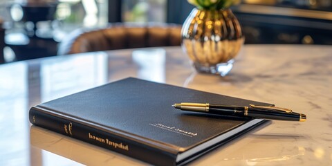 A black notebook lies open on a polished marble table, accompanied by a gold pen and a small, potted succulent.