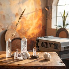Artistic Crystal Display, Interior Decor, Cozy Studio, Photography, Warm Lighting, Close-Up, Creative Aesthetics