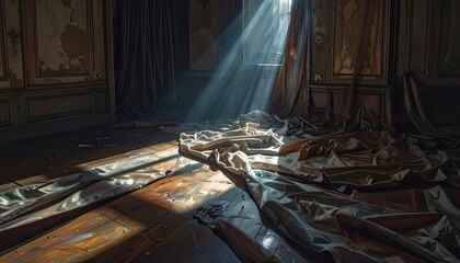 Abandoned Room, Dusty Floor, Sunlight Beams, Historical Building, Interior, Dramatic Lighting, Evocative Atmosphere