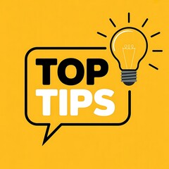 Top tips concept a light bulb illuminates a speech bubble containing the words top tips against a vibrant yellow background, offering guidance and advice