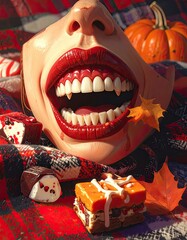 Lively Mouth with Candy, Cozy Blanket, Festive Atmosphere, Artistic Perspective