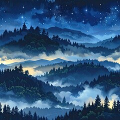 Mystical Nighttime Landscape, Forested Mountains, Starry Sky, Digital Art, Tranquil Environment, Aerial View, Nature Beauty