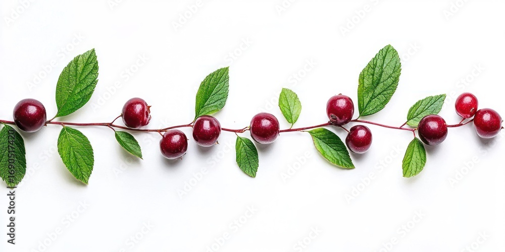 Poster a vibrant branch of rowan berries and leaves is arranged horizontally across a white background. the
