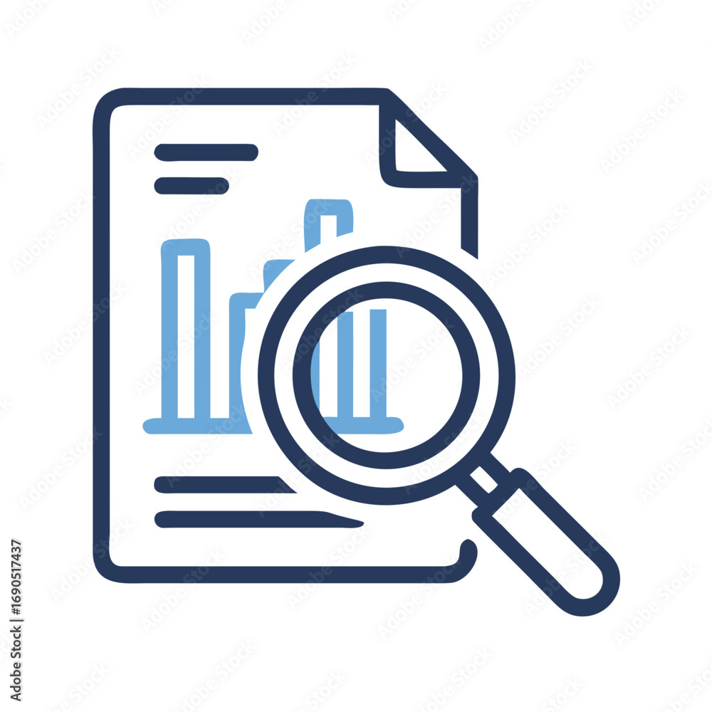Poster data analysis report with magnifying glass for business analytics and research insights review proce