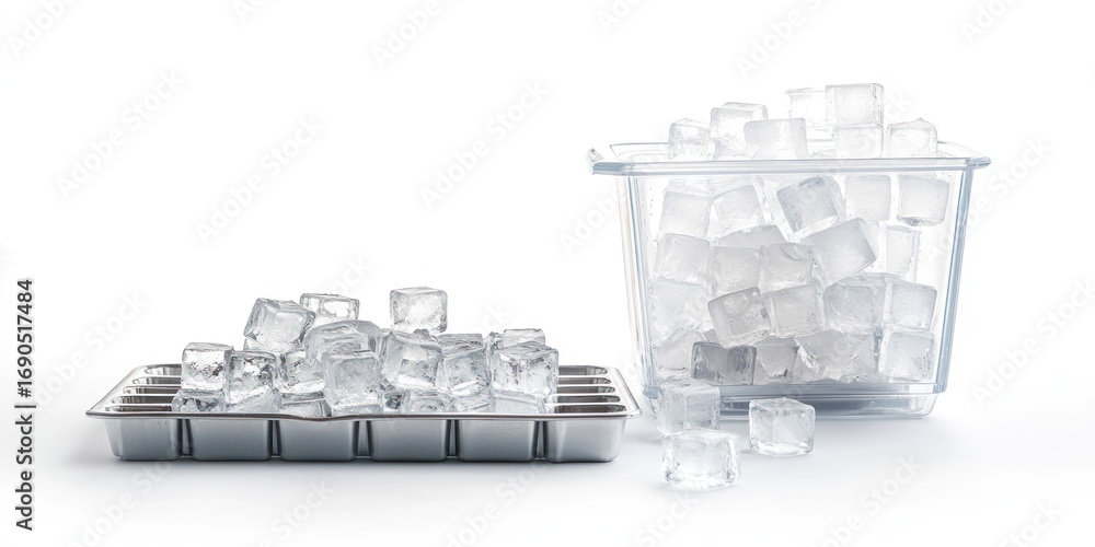 Poster a clear plastic ice cube tray is filled with ice cubes, and a large container is also filled with ic