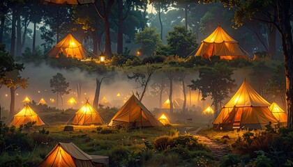 Illuminated Tents in a Forest Setting at Dusk