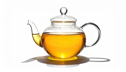 Glass Teapot with Golden Tea, Studio Setting, Still Life Photography, Bright Background, Close-Up View