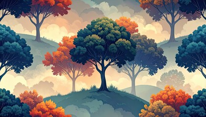 Vibrant Autumn Trees in Nature Landscape Illustration, Serene Environment, Scenic Viewpoint