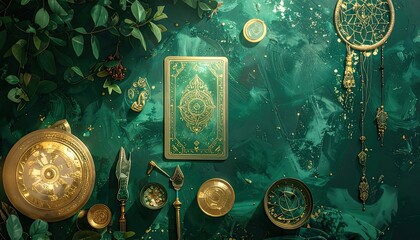 Mystical Card Reading, Tarot Deck, Enchanted Forest, Photography, Dreamy Atmosphere, Top-Down View, Spiritual Exploration
