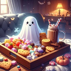 A Friendly Ghost Enjoys Treats in a Cozy Room with Halloween Decor