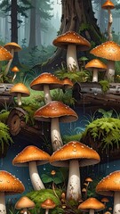 Vibrant Mushrooms by a Tranquil Stream, Nature Illustration, Serene Environment, Detailed Close-Up