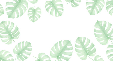 Watercolor Monstera Leaf Border on White Background for Natural Design