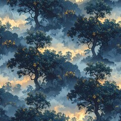 Nature Landscape with Majestic Trees and Misty Background, Digital Illustration of a Serene Environment