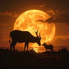 Deer and Cow by the Water, Nature Scene, Beautiful Landscape, Serene Evening View