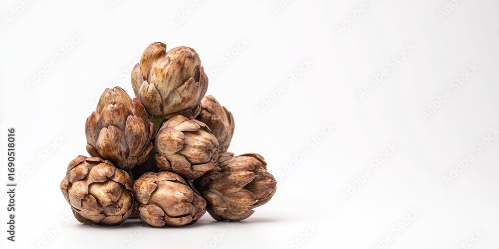 Poster a cluster of artichokes rests on a white surface, with a dark background creating a dramatic contras