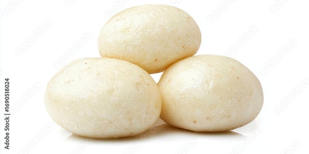 Poster three round, pale potatoes are arranged on a white surface. the potatoes have a slightly bumpy textu