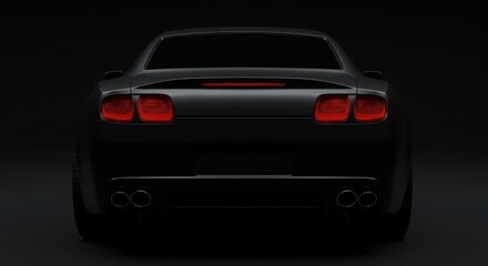 Rear view of a black sports car with illuminated red tail lights in a dark setting.