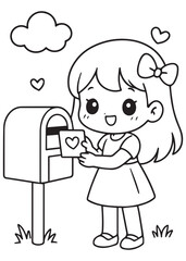 coloring book girl posting a heart card into a mailbox, cheerful Valentine sending scene.