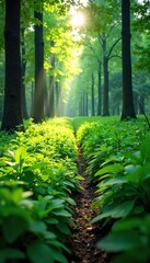 Obraz premium Serene Sunlight Dappling Lush Green Forest Grass Tranquil Nature Scene