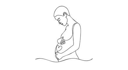 Elegant one-line drawing of a pregnant woman embracing her belly with love and connection to motherhood