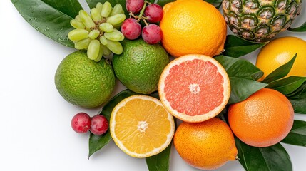 Colorful Citrus Fruits and Grapes on White Background, Generative AI
