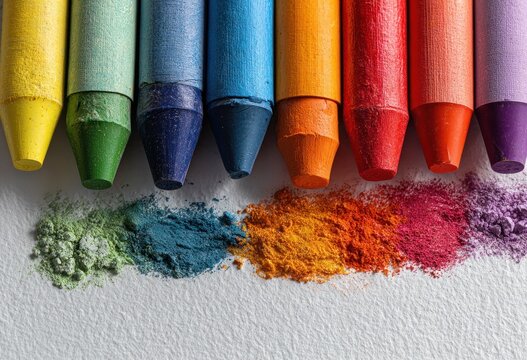 Row of crayons above corresponding-color crayon dust on textured paper, creating a vibrant spectrum of color and texture contrast