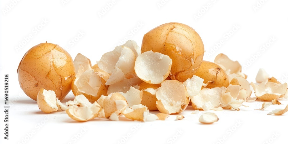 Poster A pile of macadamia nuts rests on a white surface, with their shells scattered around them. The nuts are a light brown color and appear fresh. 