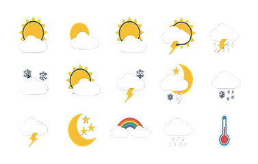 Collection of Weather Icons Including Sun, Clouds, Rain, Snow, Lightning, Moon and Thermometer