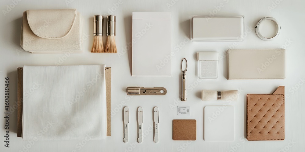 Poster a flat lay composition featuring a curated selection of minimalist leather goods and stationery item